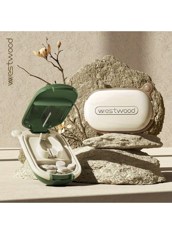 Cream Mint Portable Pill Crusher Splitter And Cutter With Storage Box Travel Organizer - Image 1